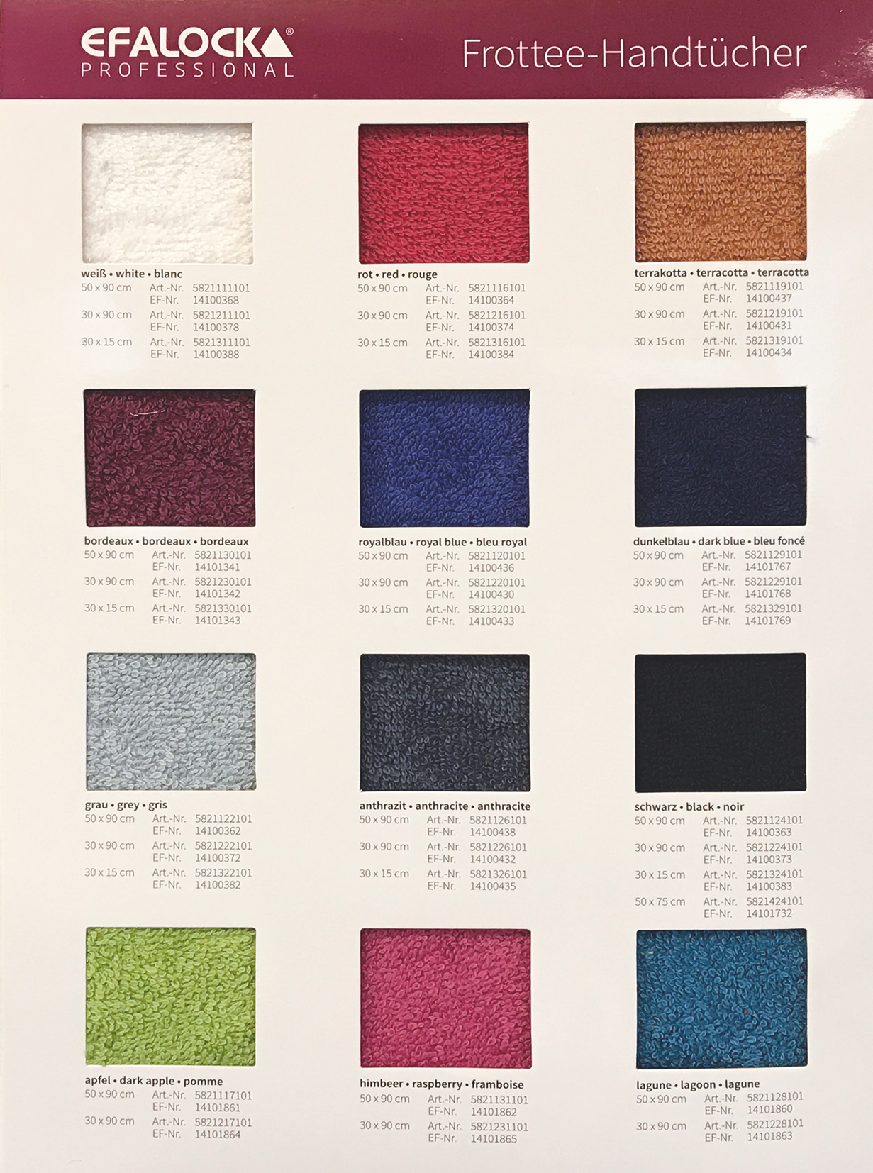 Carte de couleurs pour les serviettes coton